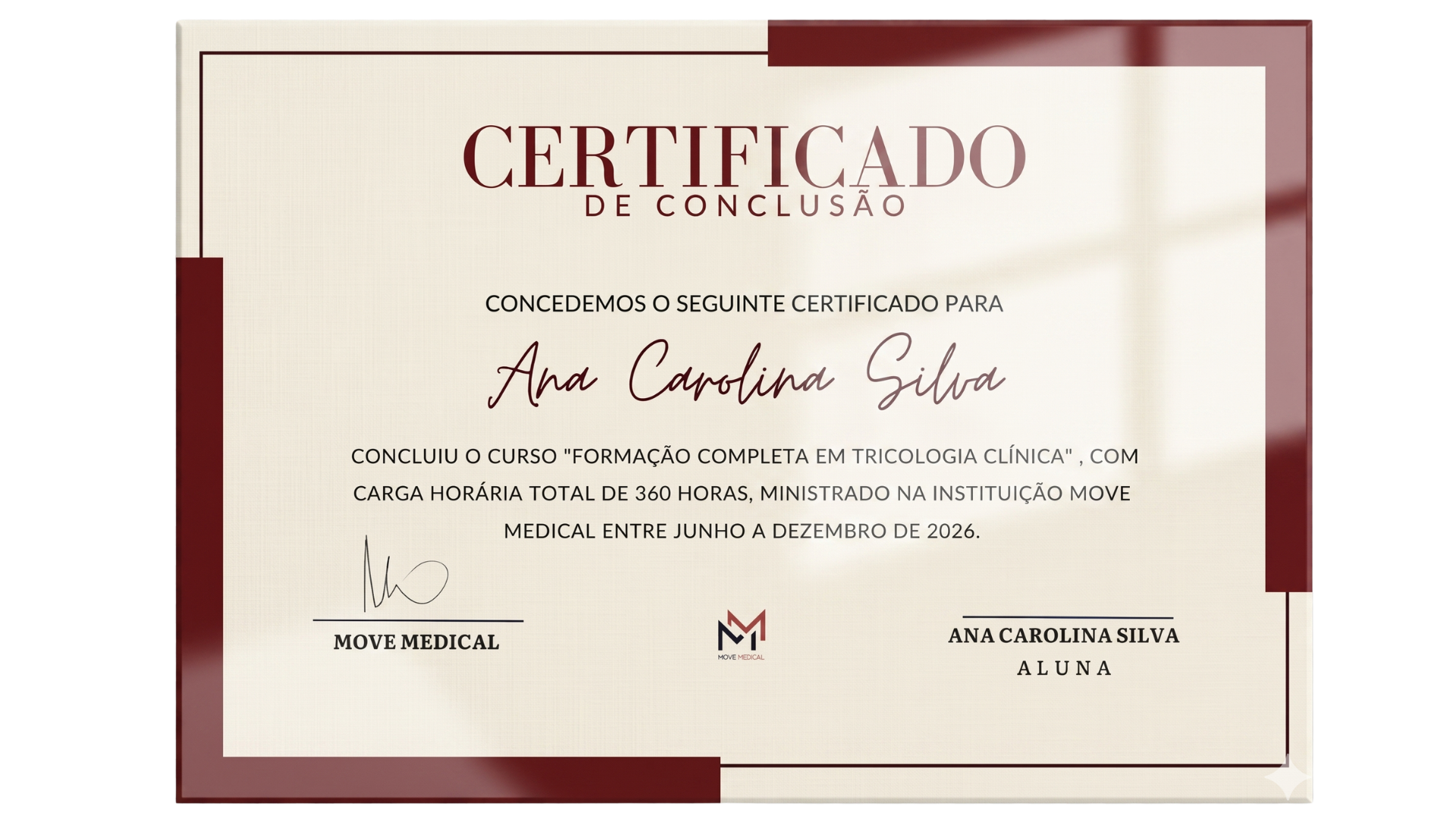Certificado de conclusão — Formação Completa em Tricologia Clínica, carga horária de 360 horas