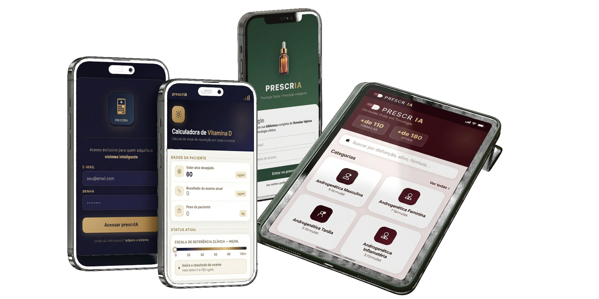 Aplicativos prescrIA — mockup dos apps de prescrição tópica, oral e calculadora de Vitamina D